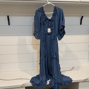 NWT Free People Ocean Blue Beach Bliss Ruffled Maxi Dress XS